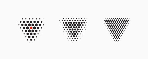 Obraz na płótnie Canvas Set of dotted abstract shapes. Hexagonal halftone pattern. Half tone design elements in geometric tech style for logo, banner, web page, print, poster, business cards and template.