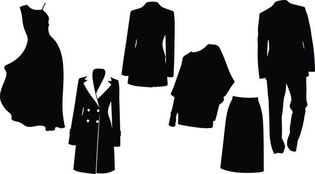 Outerwear and fashion jacket silhouette collection, set of seven black vector outlines of coats, blazers, and winter wear isolated on white background.