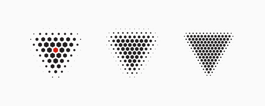 Set of dotted abstract shapes. Hexagonal halftone pattern. Half tone design elements in geometric tech style for logo, banner, web page, print, poster, business cards and template.