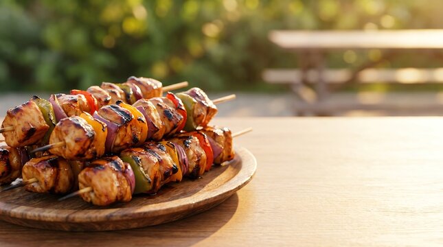 Grilled Meat Skewers on Wooden Plate Outdoors.