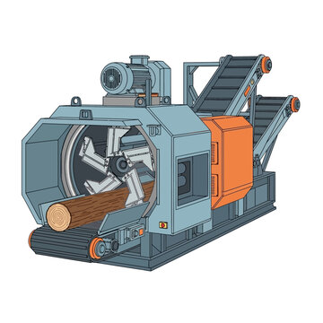 Industrial Debarker Machine Processing Wooden Log on Conveyor Belt