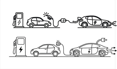 Fototapeta premium Electric vehicle charging sketch of cars at charging stations silhouette