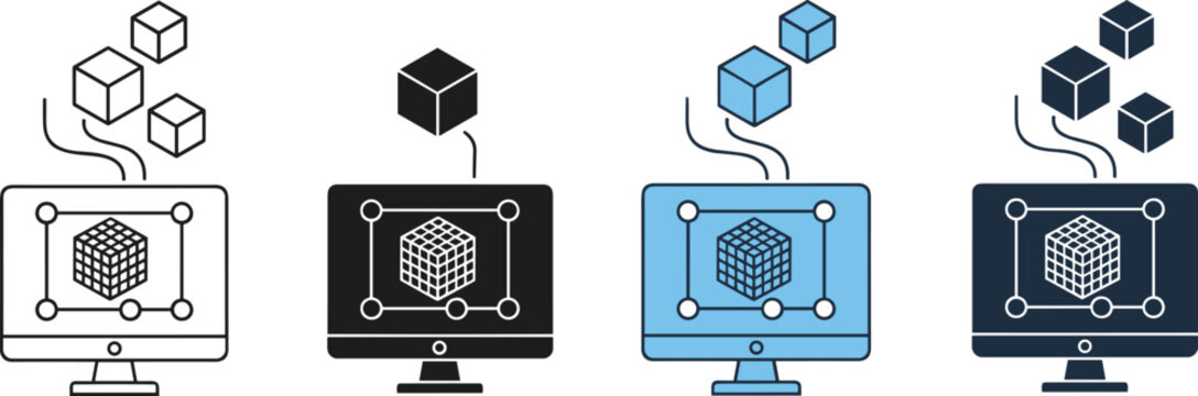 Vector icon set of 3D modeling software on computer monitor showing digital cube design for engineering technology and creative architecture