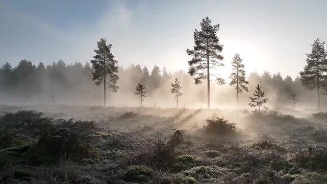 Golden light piercing through a dense morning fog, creating ethereal tree shadow patterns across a tranquil, frost-kissed forest landscape