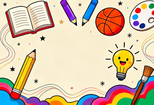 Cadre de fond doodle pour enfants avec fournitures scolaires et &eacute;l&eacute;ments cr&eacute;atifs pour le concept de rentr&eacute;e scolaire et d&rsquo;&eacute;ducation