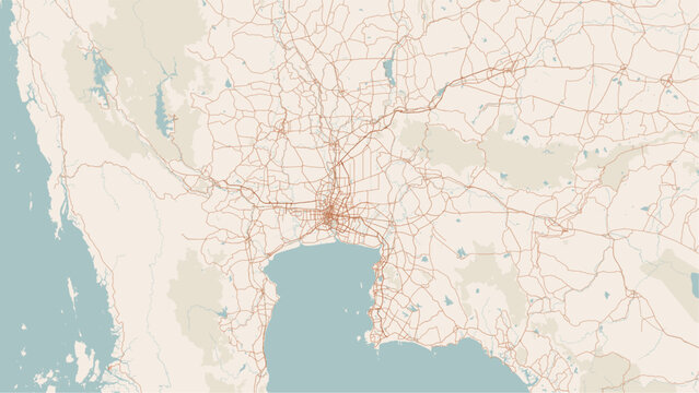 Modern minimalist vector map of Bangkok, Thailand. High-quality SVG illustration of Bangkok city grid, Chao Phraya River, and urban layout for posters, travel, and web design.