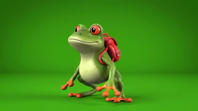 A cheerful cartoon frog dances with joy on a vibrant green background.