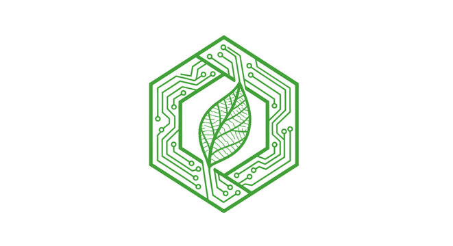 Green leaf logo on a hexagonal circuit board design