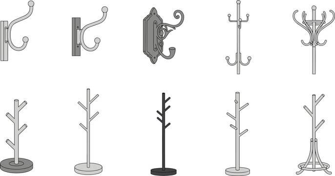 Coat Rack Vector Sketch Set Featuring Multiple Wall Hook And Standing Hanger Outlines For Entryway Organization Home Furniture And Interior Graphic Designs