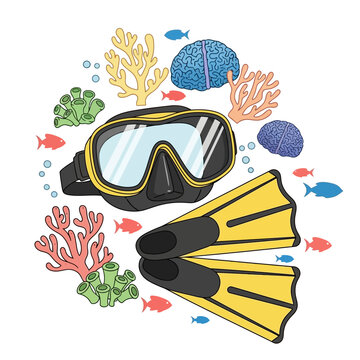 Underwater diving gear with colorful coral, fish, and brains exploring marine life