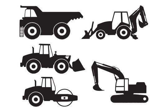 Construction Vehicle Silhouettes Vector Set Black Outline Minimal Design