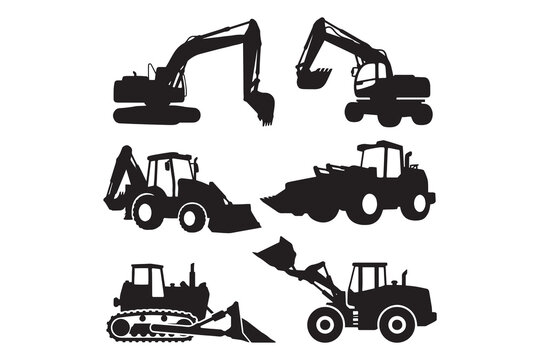 Construction Machinery Silhouettes Vector Set Heavy Equipment Black Outline