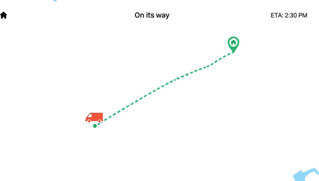 Modern digital map interface displaying real-time package delivery progress with a red truck icon moving along a route to a destination house, showing an estimated time of arrival.