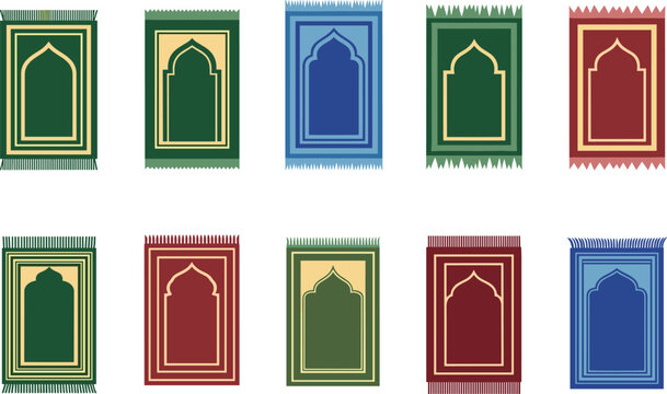 Islamic Prayer Mat Vector Set Featuring Multiple Traditional Rug Designs In Green Blue And Red With Mihrab Patterns For Muslim Worship And Religious Graphic Designs