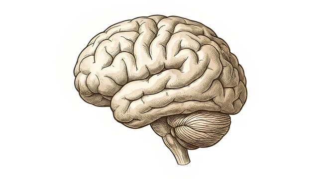 A detailed illustration of a human brain on a clean surface