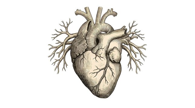 Anatomical illustration of a human heart with arteries and veins.