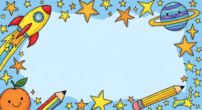 A lively cartoon border for children's designs, presenting a rocket, planets, and stars on a pale blue background.