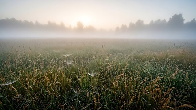 Delicate spiderwebs glisten with dew in a misty meadow at dawn, catching the first golden light of the rising sun