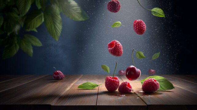 Raspberries and cherries fall on wooden table in dark setting with soft light highlighting the fruits