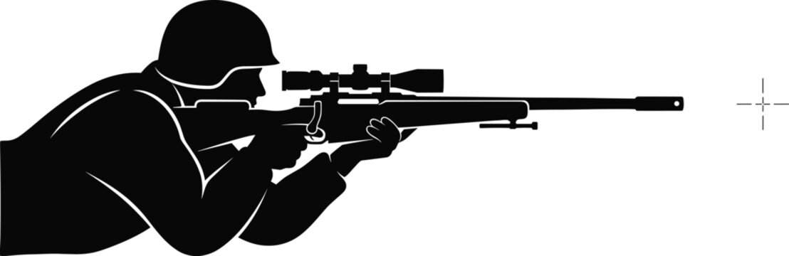Sniper aiming with rifle silhouette, military precision shooting concept, soldier in prone position targeting scope, minimal black and white illustration for defense and combat design