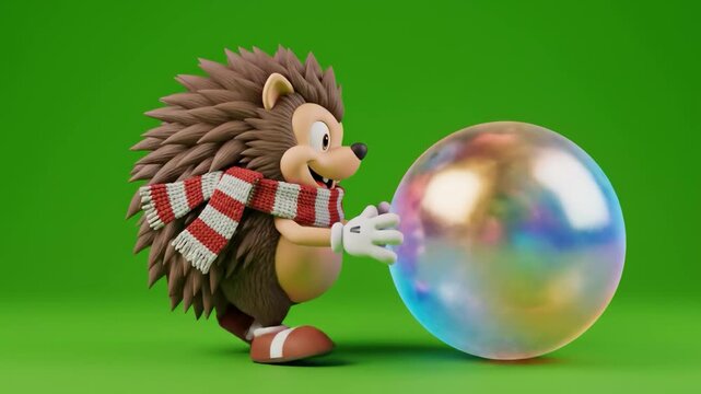 A cheerful cartoon hedgehog in a red and white scarf plays with a large iridescent bubble on a green background, conveying a sense of fun and playfuln