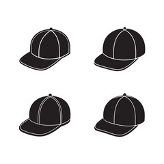 Fototapeta premium Four black baseball caps with white outlines in different angles and positions baseball caps with white lines black caps