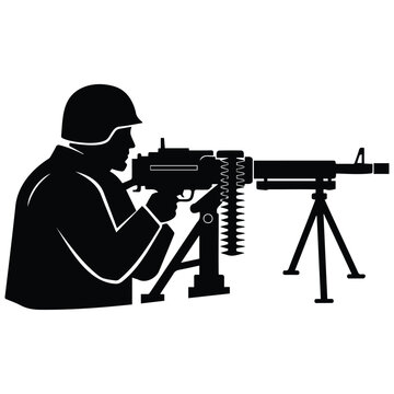 Military machine gunner silhouette vector illustration of soldier firing heavy weapon art.