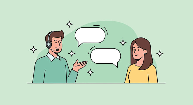Customer service conversation illustration with speech bubbles.