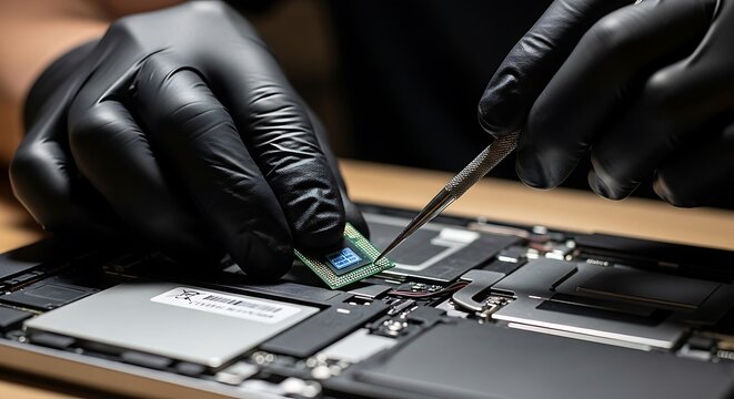 Close-up of hands in black gloves repairing laptop keyboard with precision screwdriver on wooden desk