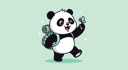 Cute cartoon panda bear character wearing a hiking backpack and interacting with a butterfly. © NFS Studio