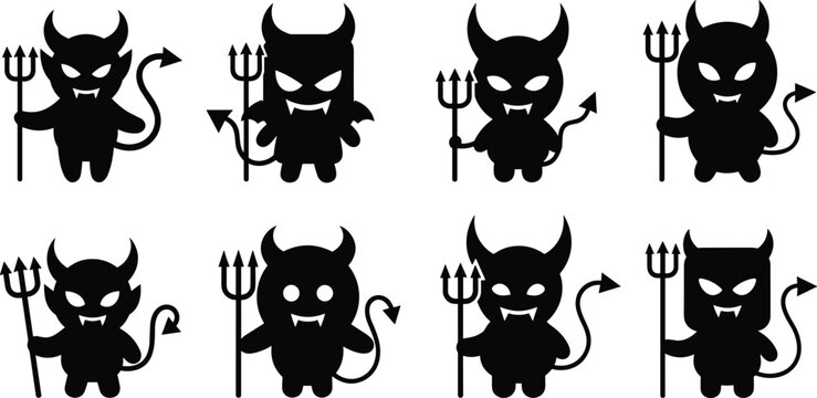 Collection of cute devil silhouette icons featuring little demons with horns and pitchforks isolated on white background for creative flat vector design projects.