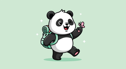 Naklejka premium Cute Panda Bear with Backpack and Butterfly.