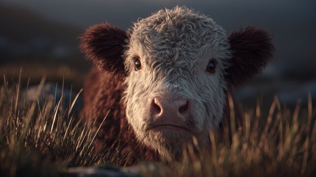 Close up of a hereford calf in natural daylight wildlife animal portrait