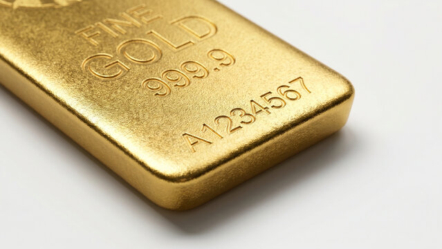 Macro close-up of a gold bar showing detailed texture and engraving on a clean white background, emphasizing authenticity, value, and premium quality in a minimal composition.
