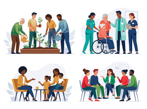 Social Services and Community Support Illustration Set Featuring Healthcare, Gardening, Family Counseling, and Group Therapy Concepts