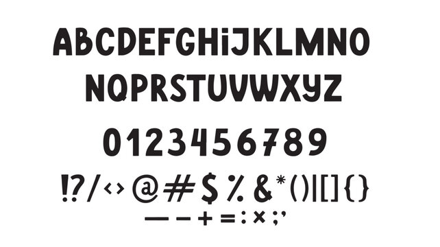 Alphabet and numbers typography set with bold stencil letters, digits, symbols, and monospaced characters for design templates