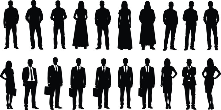 Large collection of professional business people silhouettes featuring men in suits with briefcases and women in formal attire isolated on white background for design.