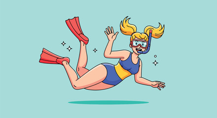 Woman snorkeling in blue swimsuit with red flippers cartoon illustration. © NFS Studio