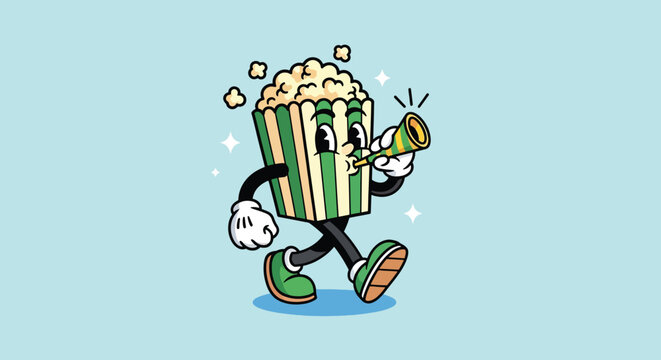 Vintage Style Popcorn Bucket Character Walking and Blowing a Party Trumpet Cartoon Mascot.