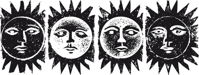 Obraz premium Vintage black and white sun faces illustration four stylized celestial solar symbols with artistic tribal design
