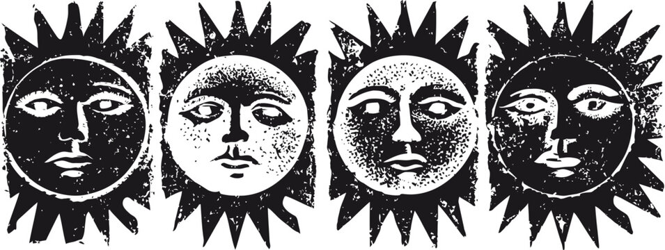 Vintage black and white sun faces illustration four stylized celestial solar symbols with artistic tribal design