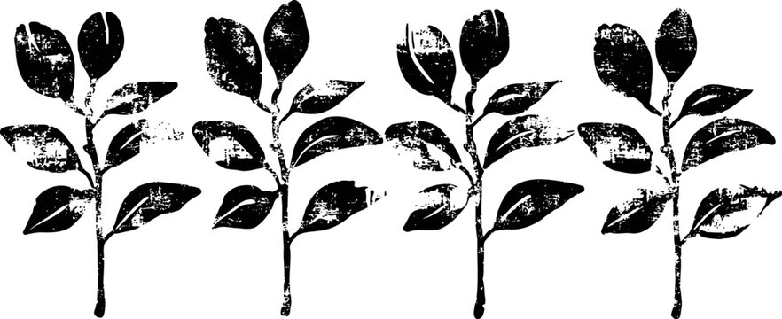 five stylized black ink floral branches with leaves arranged in a horizontal pattern