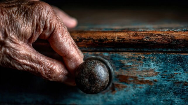 Elderly person reaches out to open a weathered wooden drawer.