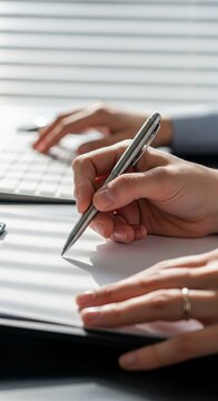 Close-up of hands writing and typing on keyboard with blinds casting shadows