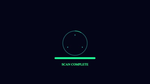 Scan complete, loading animation, green neon circle, futuristic interface, digital progress indicator