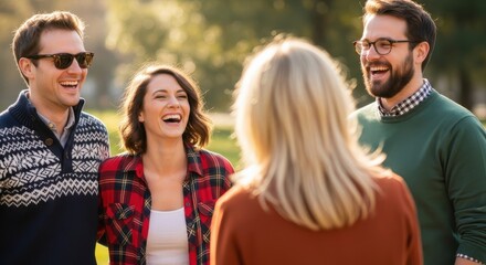 Fototapeta premium Happy friends laugh together while socializing outdoors in a sunny park during autumn.