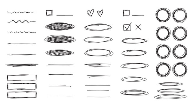 Sketch set of hand drawn line icons with hearts, arrows, rectangles and circles for premium design templates featuring doodle, check mark, x mark