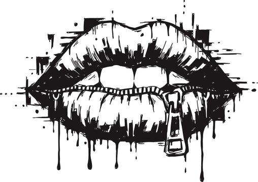 Dripping lips biting zipper grunge open mouth illustration with paint splashes and edgy artistic design