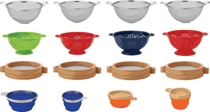 Kitchen Colander And Strainer Vector Set Featuring Multiple Metal Plastic And Wooden Sieve Designs For Food Preparation Cooking And Washing Graphic Designs