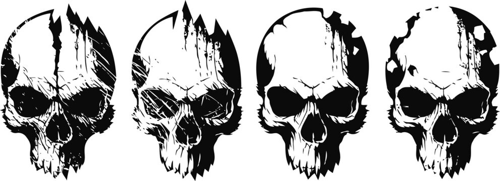 Four black and white skull illustrations with cracked and distressed textures in a row